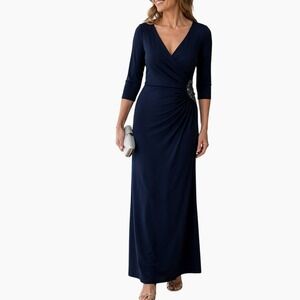 Rickie Freeman Teri Jon Gown Maxi Dress 10 Navy Embellished Beaded Formal Gala